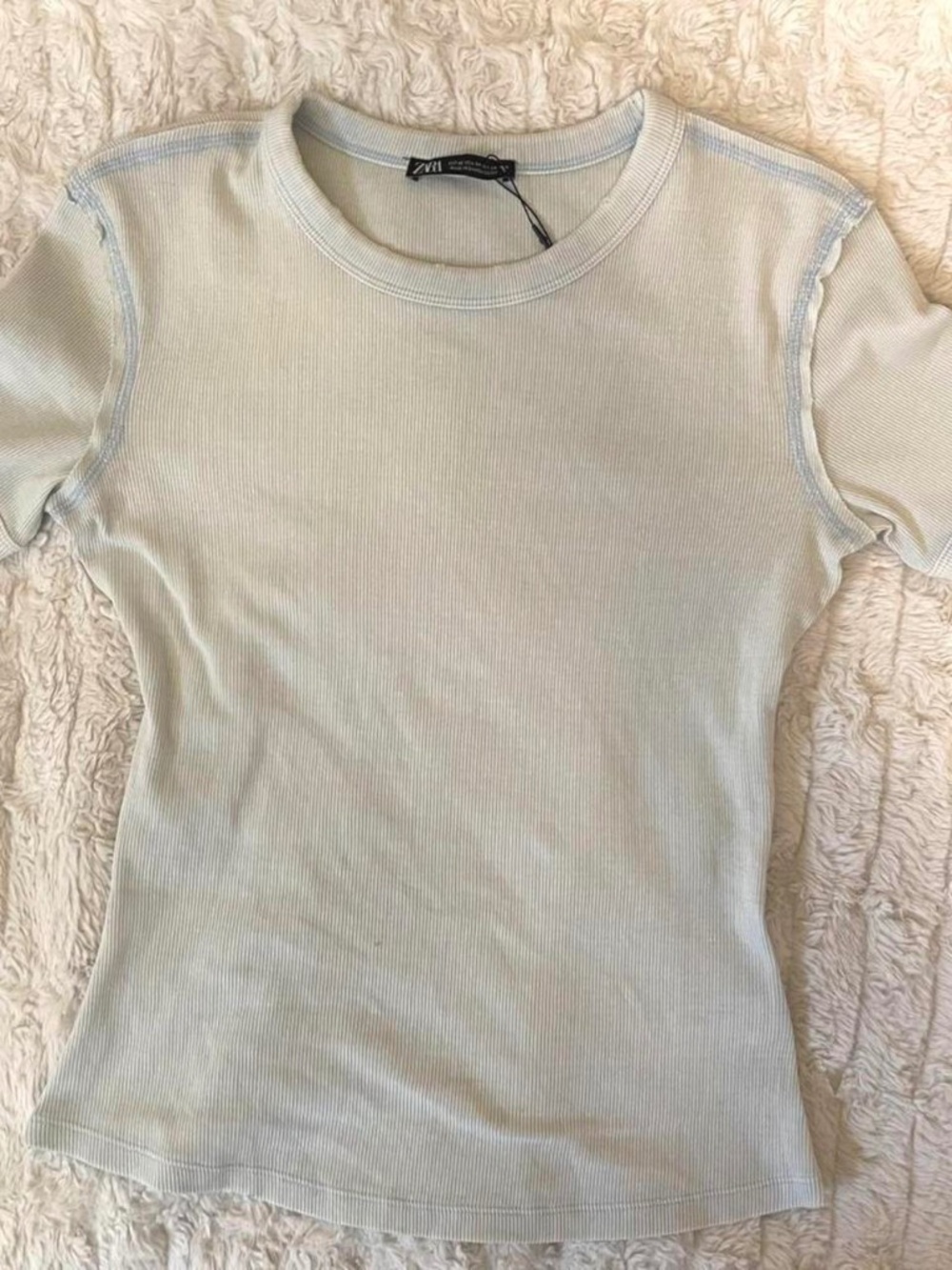 NWT Zara Ribbed Baby Blue T-Shirt Size Medium Soft Girl Y2K